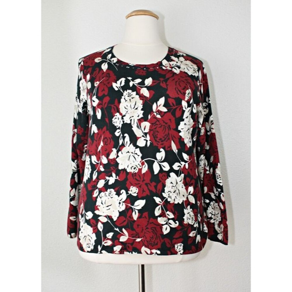 EMMA JAMES Casual Knit Top LS Black Cream Burgundy Beige Roses Sequins ~ 2X